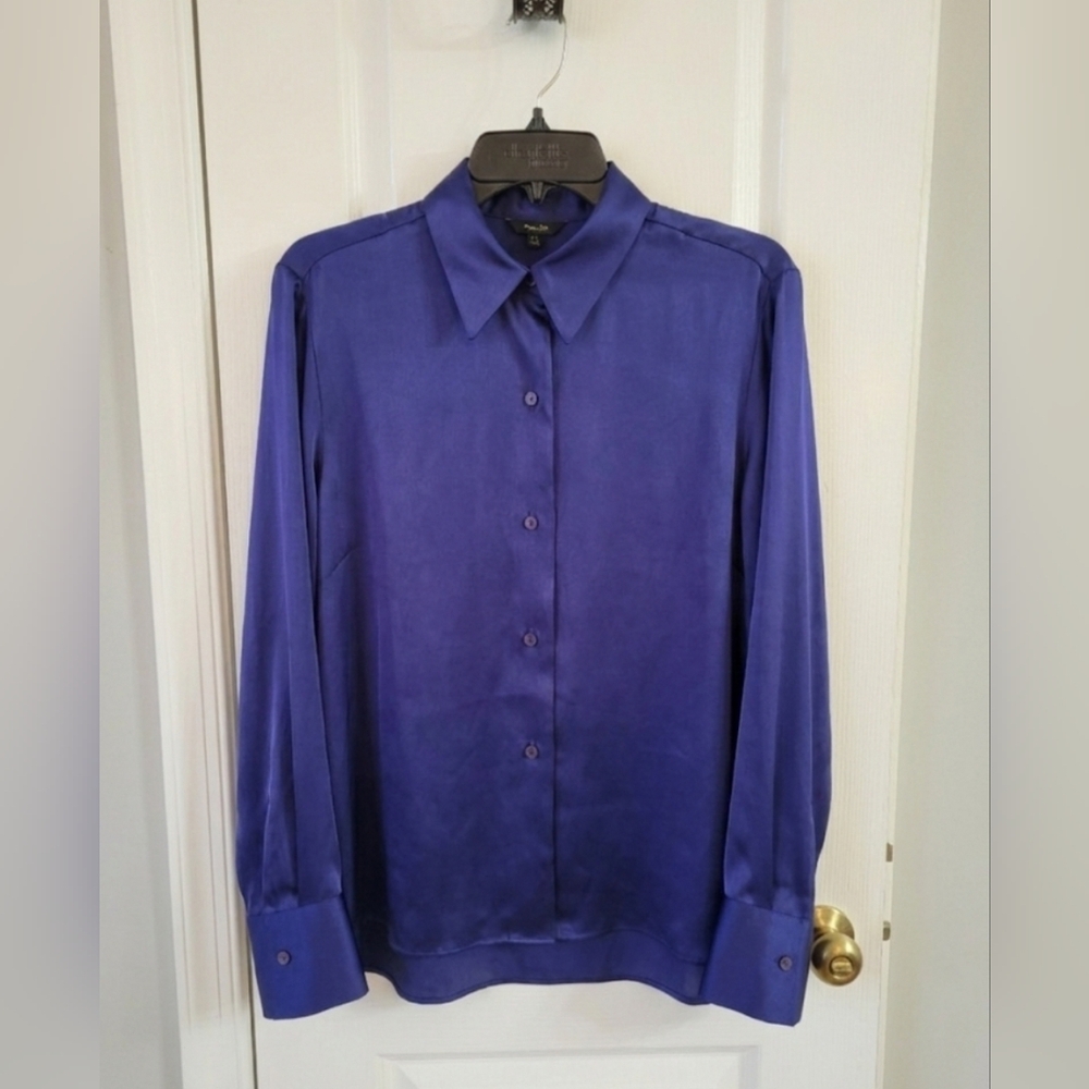 Massimo Dutti Royal Blue Button Down Blouse Wide Flowy Cuffs Medium Silk-Feel